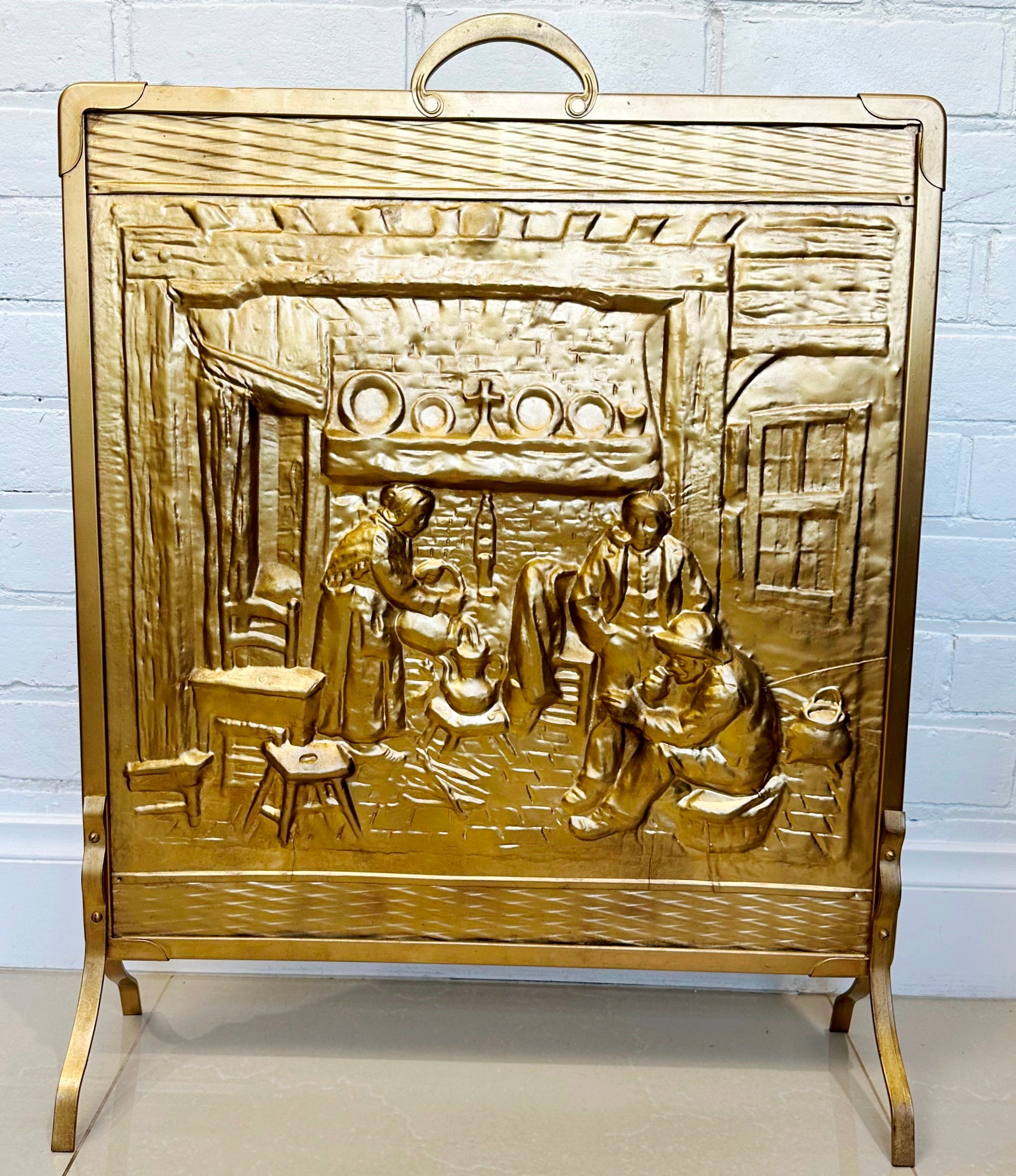 Vintage Brass Embossed Fire Screen Guard | Adelaide Clocks