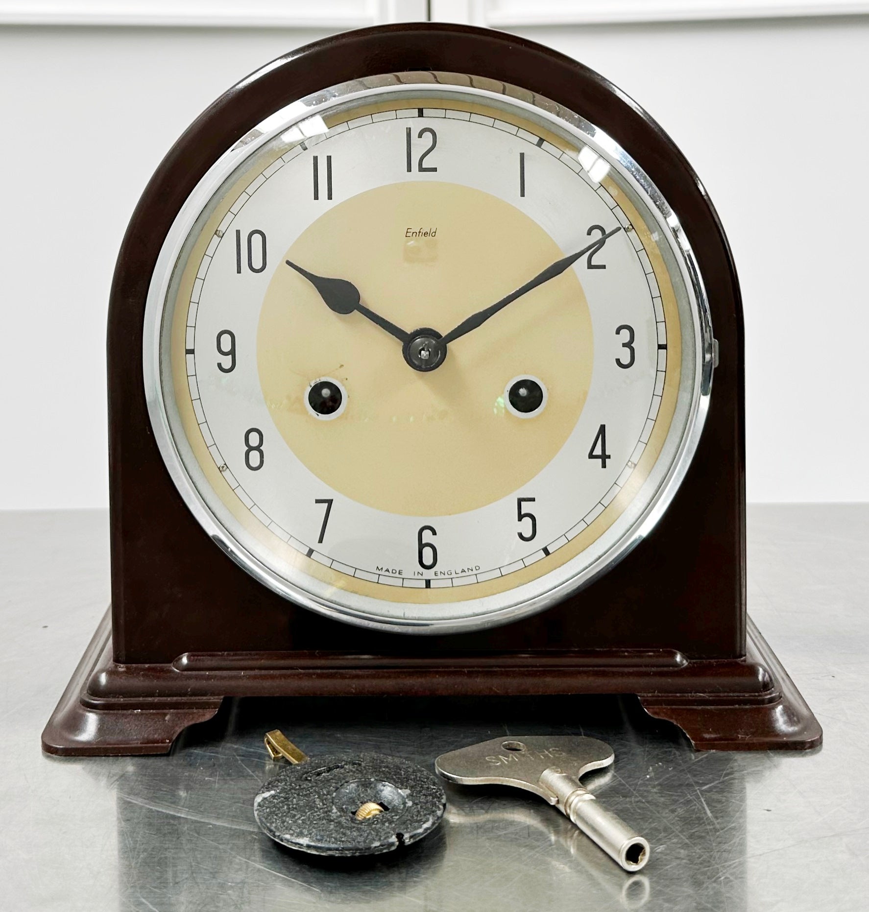 Vintage Brown Bakelite Enfield Hammer on Coil Strike Pendulum Mantel Clock | Adelaide Clocks