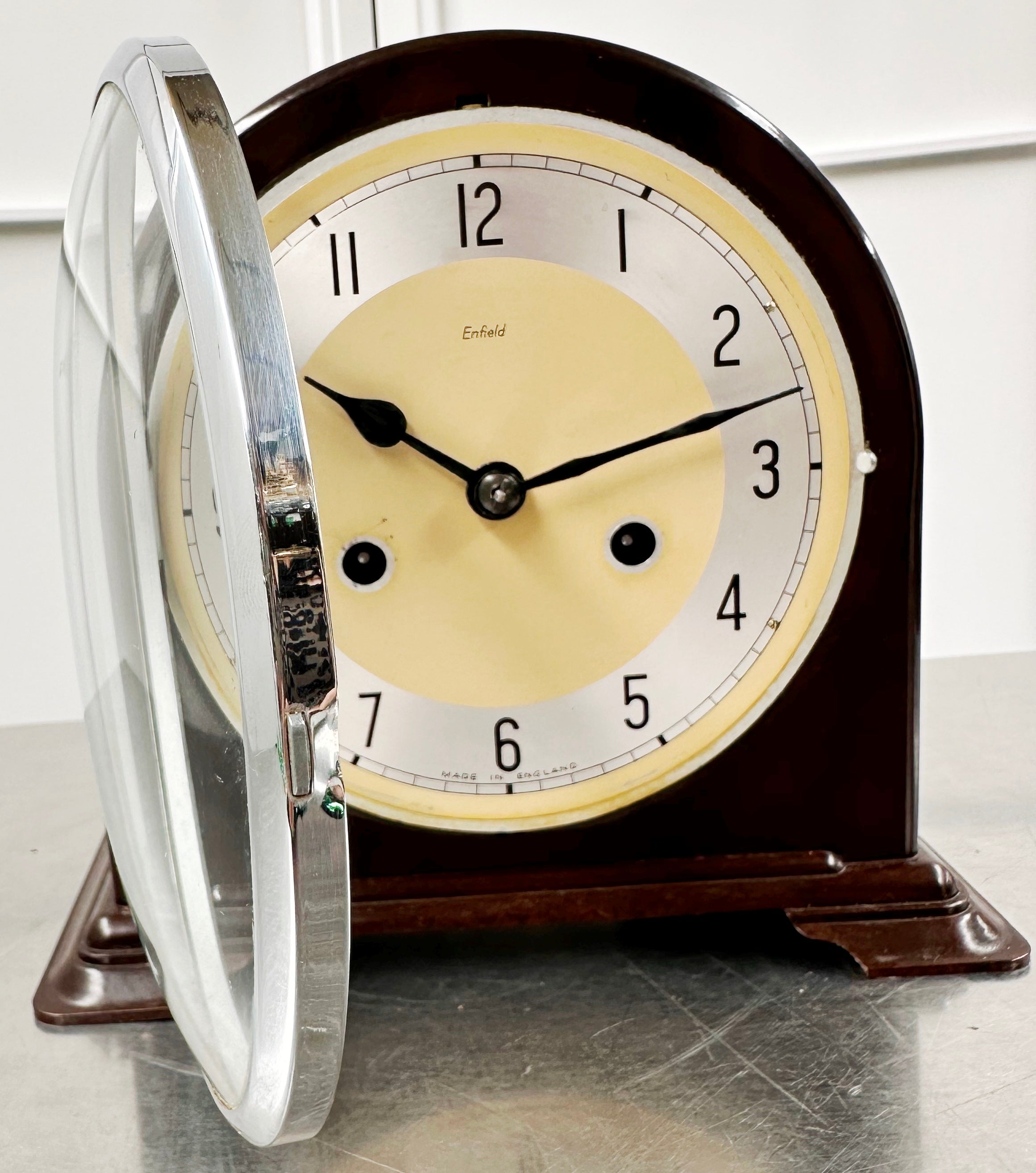 Vintage Brown Bakelite Enfield Hammer on Coil Strike Pendulum Mantel Clock | Adelaide Clocks