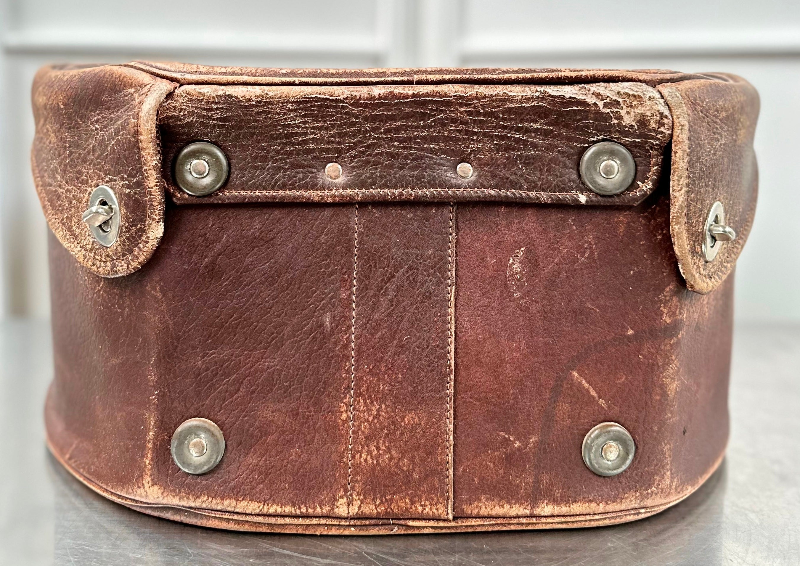 Vintage Leather Hat Box Travel Case | Adelaide Clocks